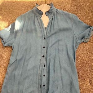 The Shirt- Ruffle collar button up chambray blouse- Large